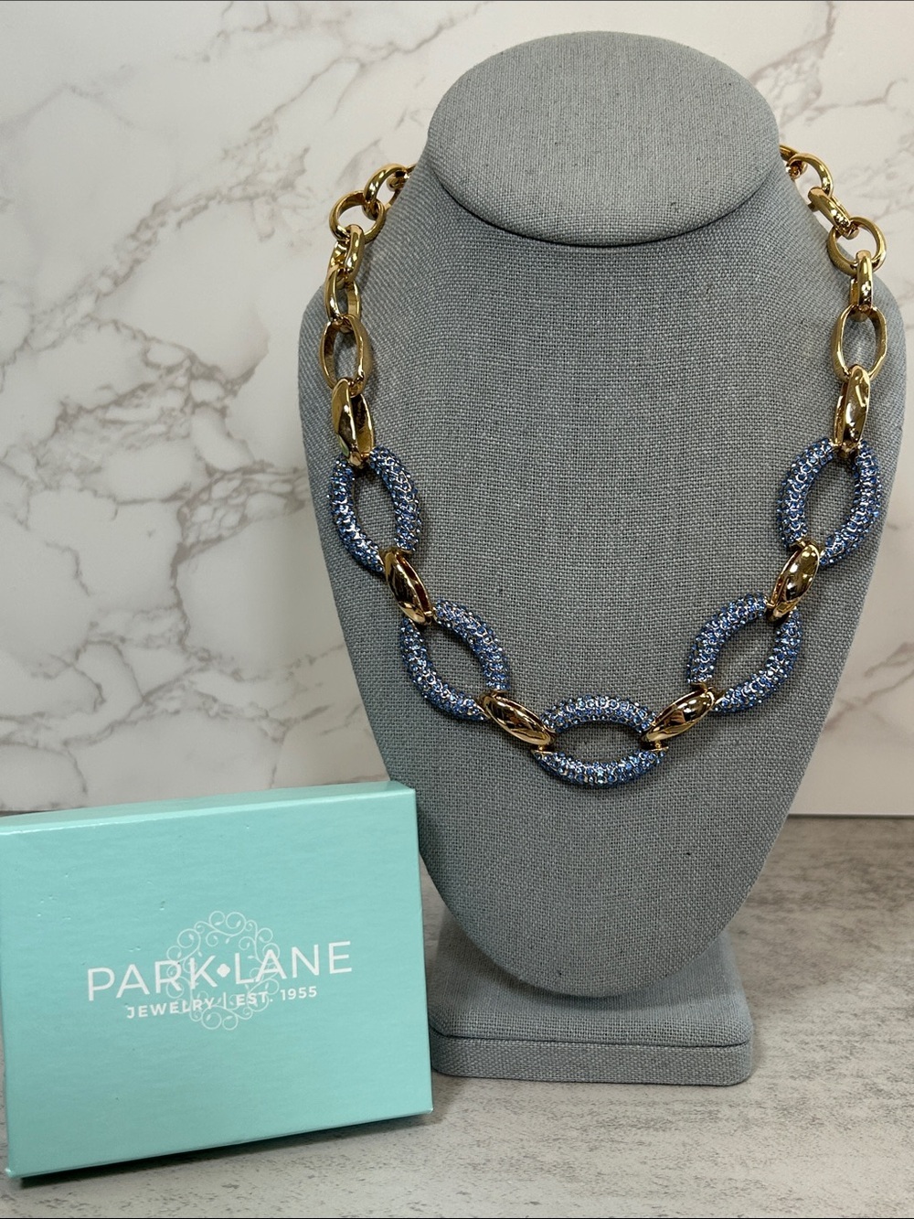 Park Lane Splash Gold and Blue Pavé Oval Link Necklace